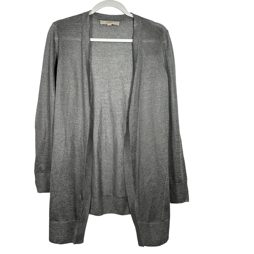 Loft Womens‎ Metallic Silver Open Front Cardigan Longline Shimmer Sweater Medium